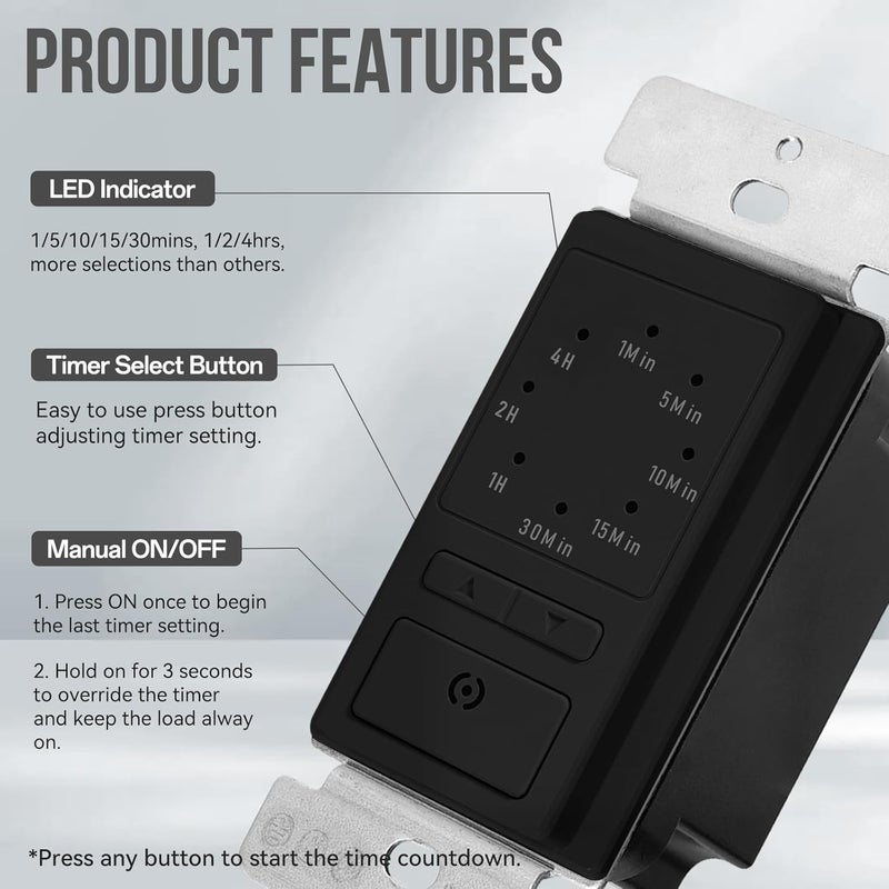 ECOELER Countdown Timer Switch, 1-5-10-20-30-60 Min, 2-4 Hour, in-Wall Timer Switch with Constant On Mode for Bathroom Fans and Lights, Neutral Wire Required, ETL Listed, Black - Image 2